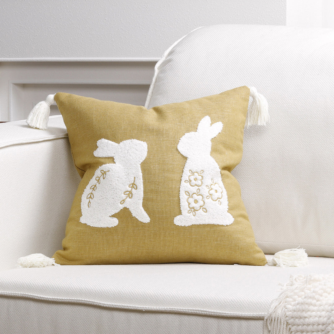 Decorative Lumbar Pillow Cover with Tufted Bunny Appliqués and Corner Tassels