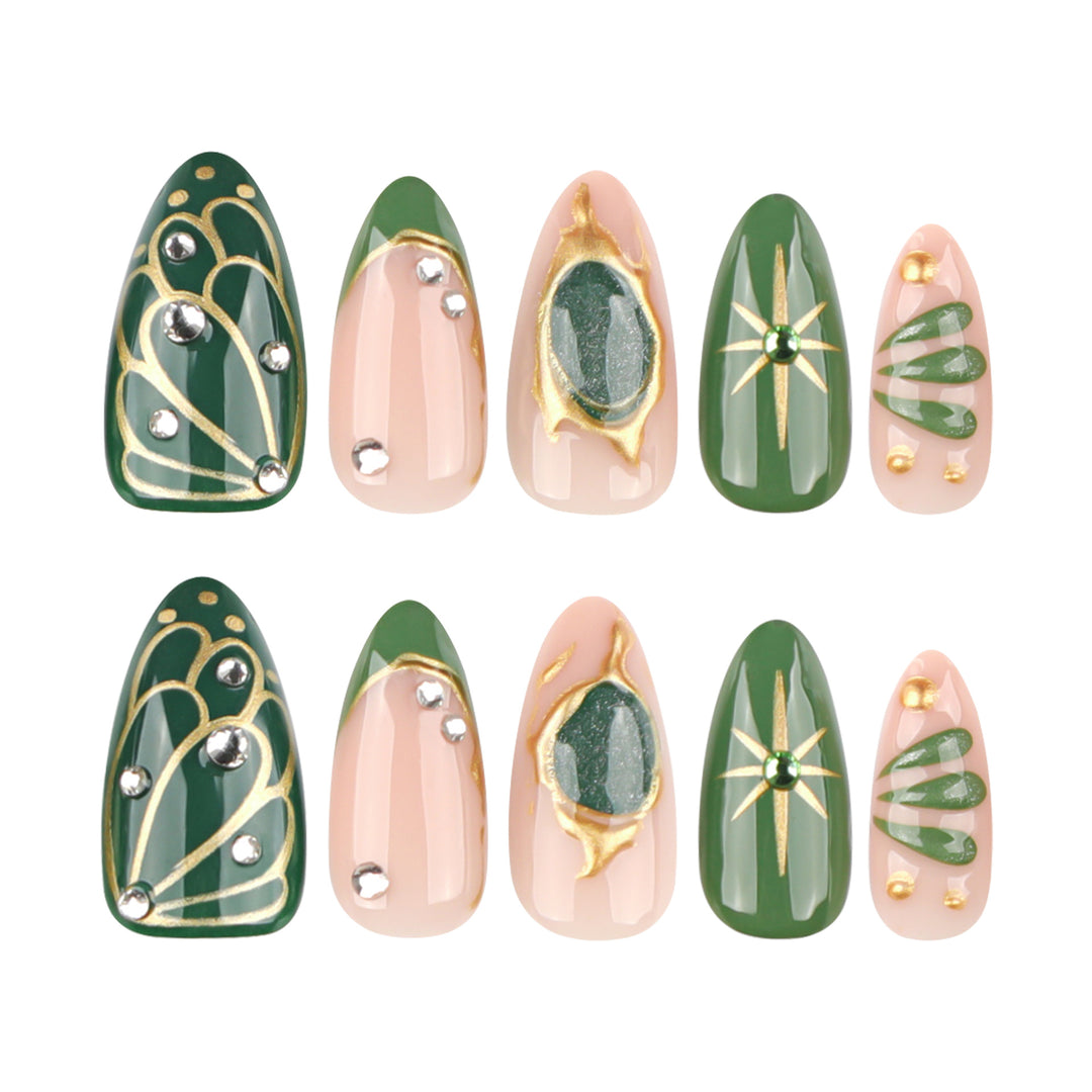 Artistic nail extensions with elegant gold and green shimmer Stornfield
