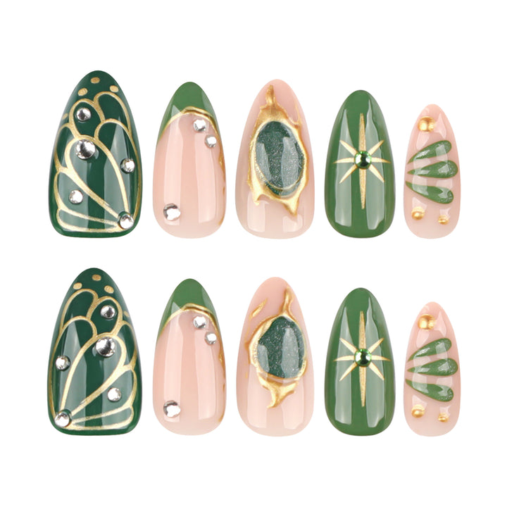 Artistic nail extensions with elegant gold and green shimmer Stornfield