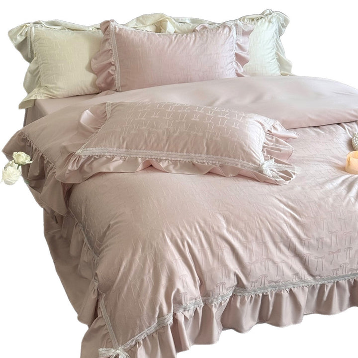 Ruffled Jacquard Bow-Pattern Sateen Duvet Cover Set with Lace Trim and Pillow Shams