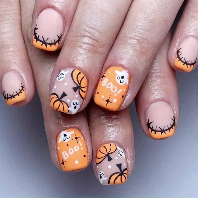 Halloween Fake Nail Set with Cute Pumpkin and Ghost Designs Stornfield