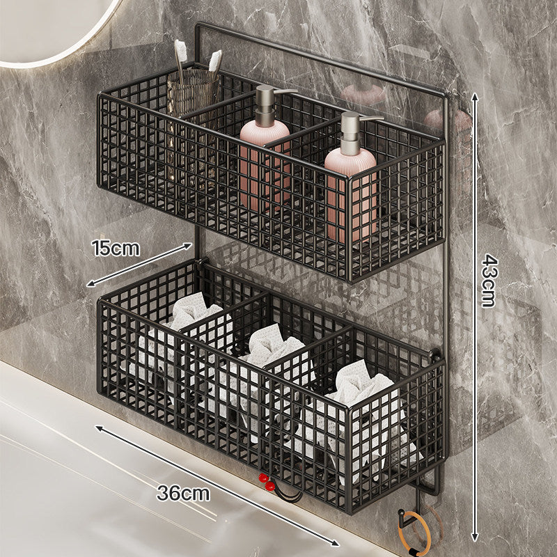 Wall-Mounted Metal Grid Bathroom Caddy with Triple Compartments Hooks and Drainable Base