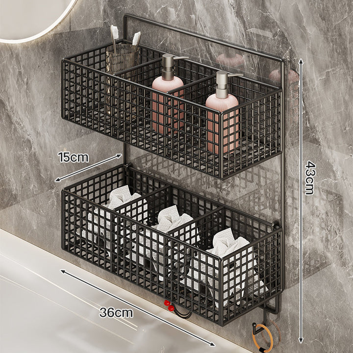 Wall-Mounted Metal Grid Bathroom Caddy with Triple Compartments Hooks and Drainable Base