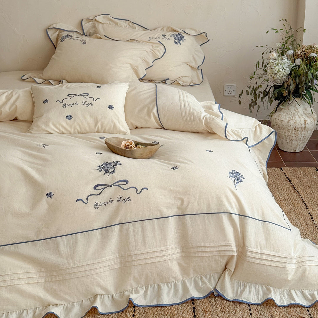 Floral-Embroidered Ruffled Cotton Percale Duvet Cover Set with Frilled Edge & Euro Pillow Shams