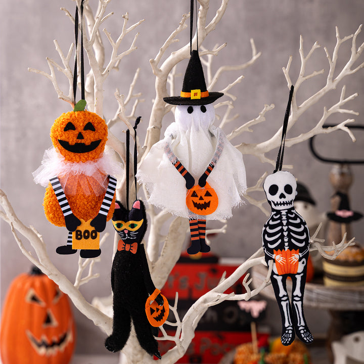 Halloween Hanging Decoration Plush Pumpkin with Tulle Collar and Ribbon Hanger