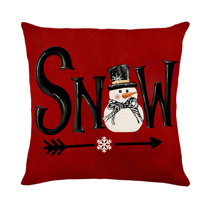 Decorative Holiday Linen-Texture Cushion Cover with Gnome Reindeer Snowman Illustration