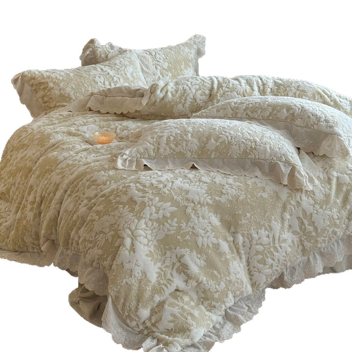 Floral Embossed Plush Jacquard Duvet Cover Set with Scalloped Lace Ruffled Shams