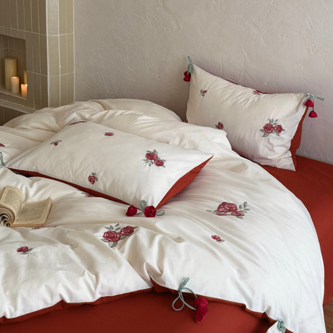 Embroidered Rose Cotton Sateen Reversible Duvet Cover Set