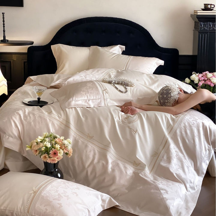 Silky Embroidered Butterfly Jacquard Duvet Cover Set with Decorative Pillow Shams
