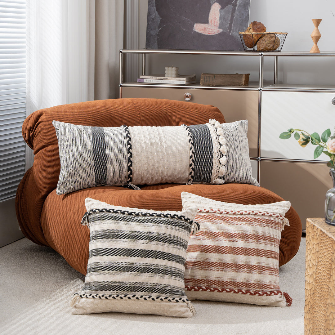 Rectangular Boho Lumbar Pillow with Braided Ties and Tassels