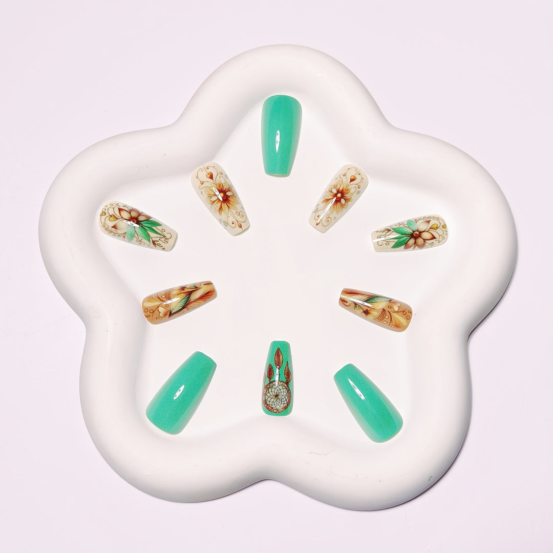 Creative artificial nails with floral and dreamcatcher design elements Stornfield