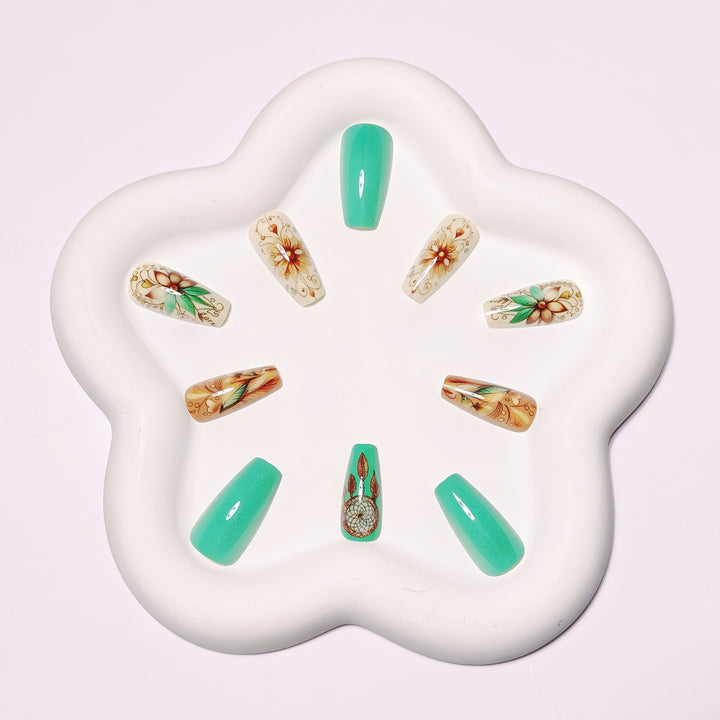 Creative artificial nails with floral and dreamcatcher design elements Stornfield