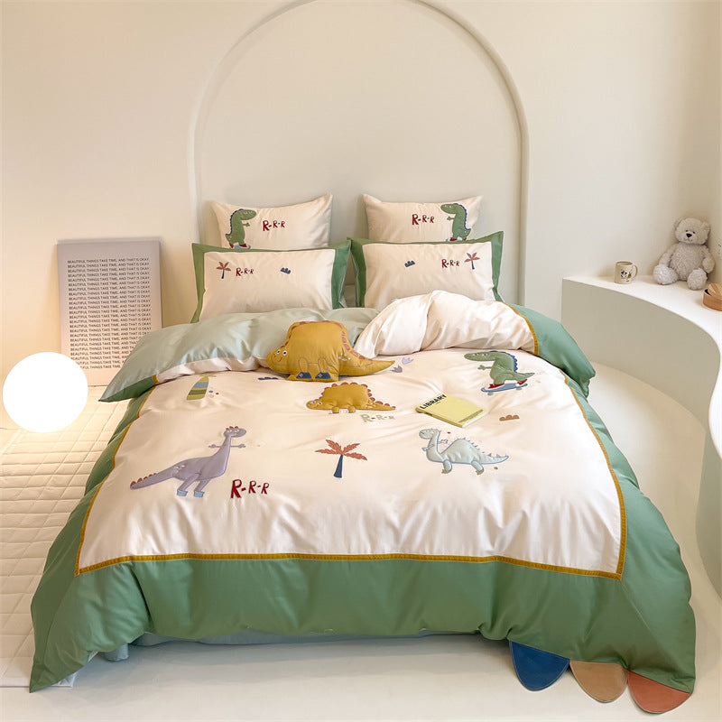 Embroidered Cartoon Rabbit Cotton Sateen Duvet Cover Set with Plush Accent Pillow