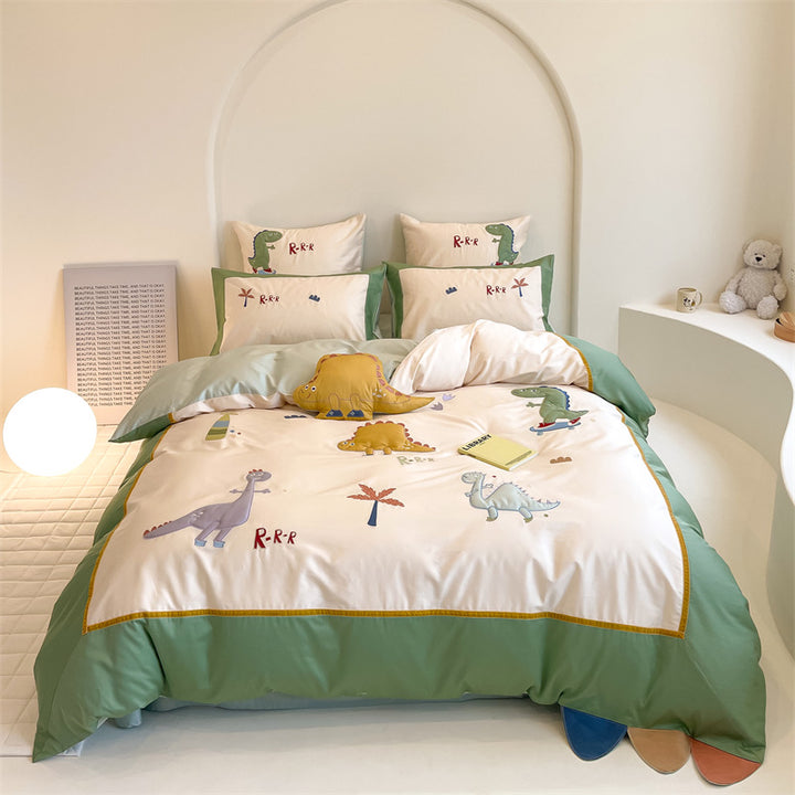 Embroidered Cartoon Rabbit Cotton Sateen Duvet Cover Set with Plush Accent Pillow