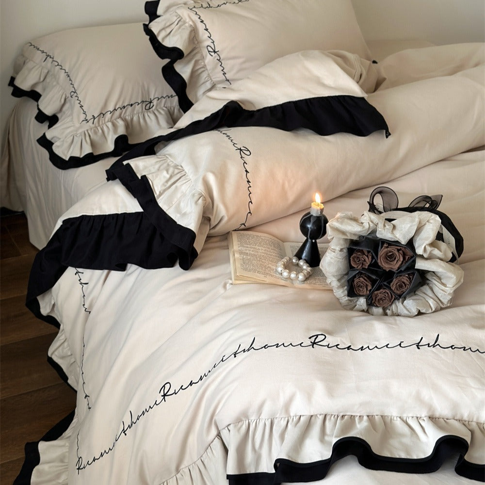 Ruffled Embroidered Duvet Cover Bedding Set