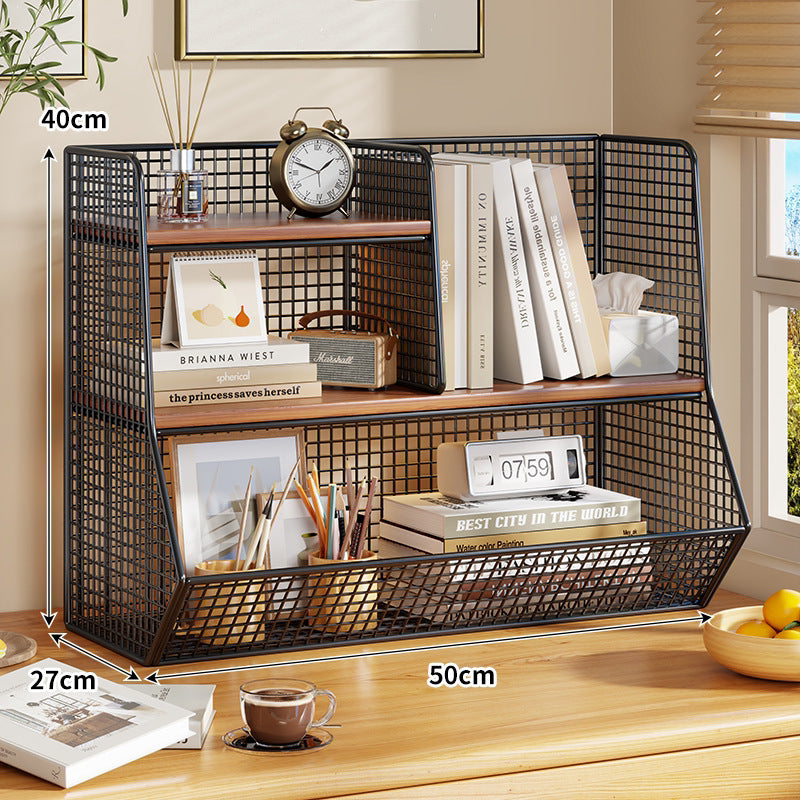 Double-Tier Mesh Metal Desktop Organizer with Wooden Shelves