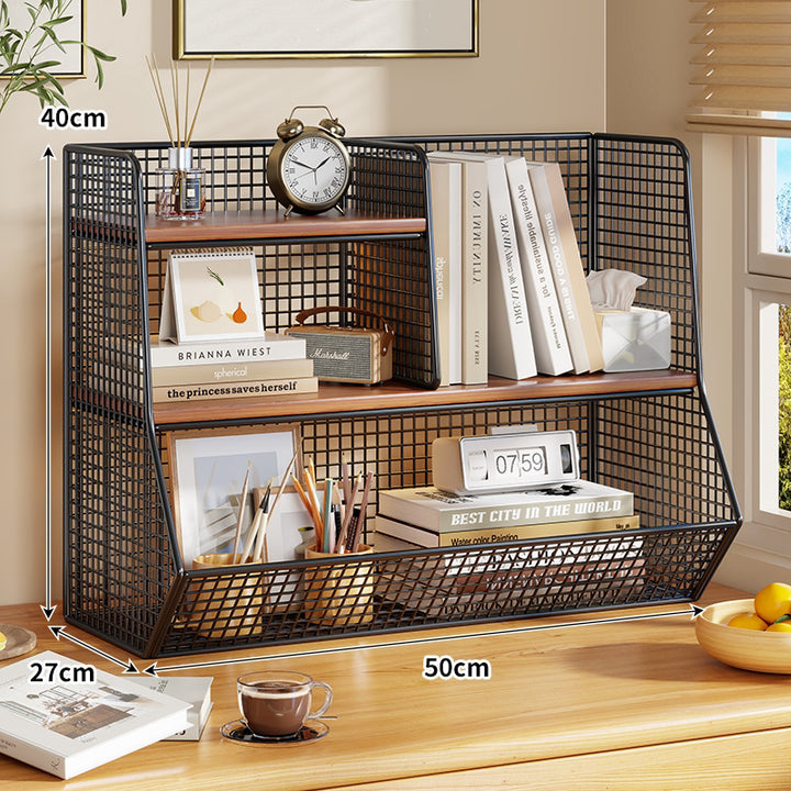 Double-Tier Mesh Metal Desktop Organizer with Wooden Shelves
