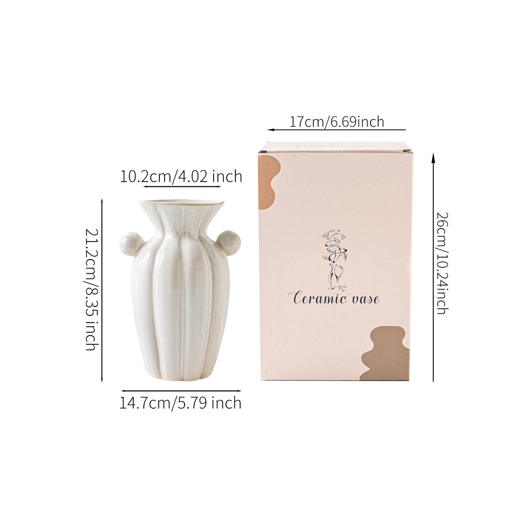 Hand-crafted fluted ceramic decorative vase with sculpted side handles