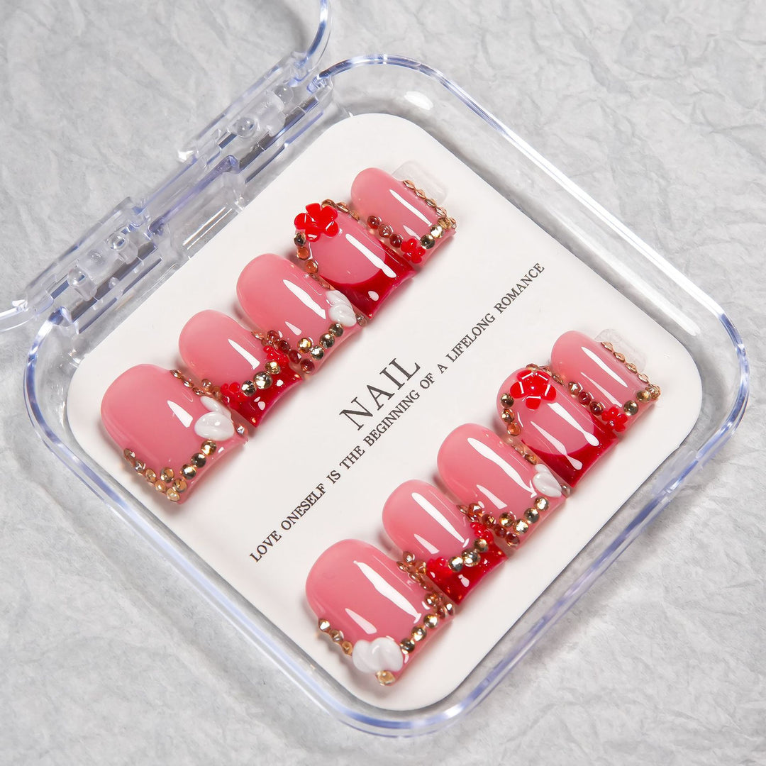Decorative Press-On Nail Set with Crystal Accents