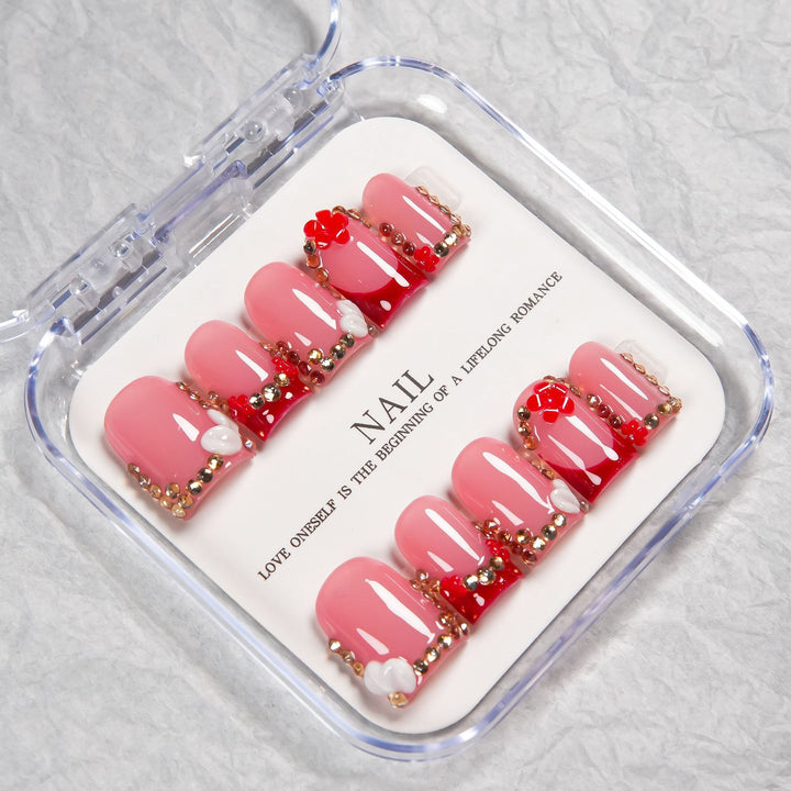 Decorative Press-On Nail Set with Crystal Accents