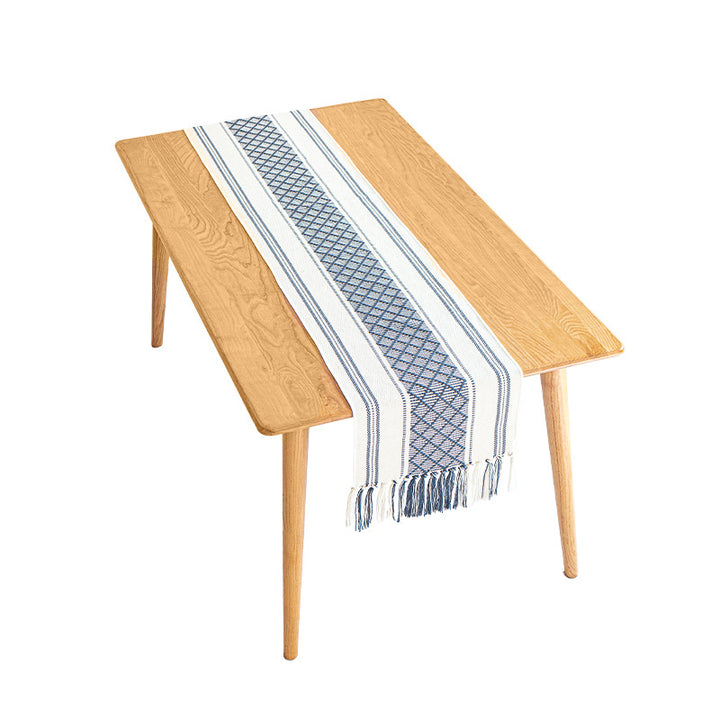 Handwoven cotton table runner with ethnic diamond pattern and fringes Stornfield