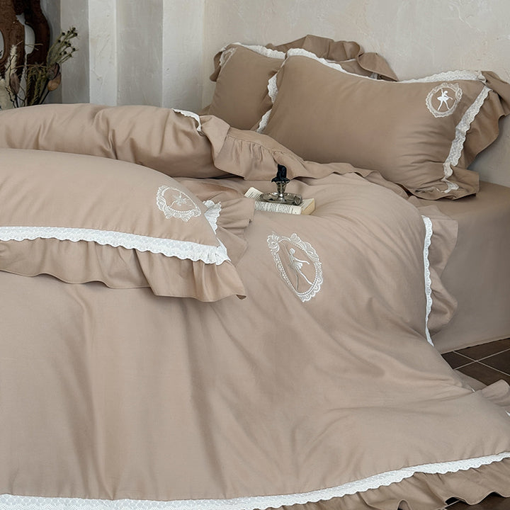 Luxury Ruffled Embroidered Cotton Duvet Cover Set