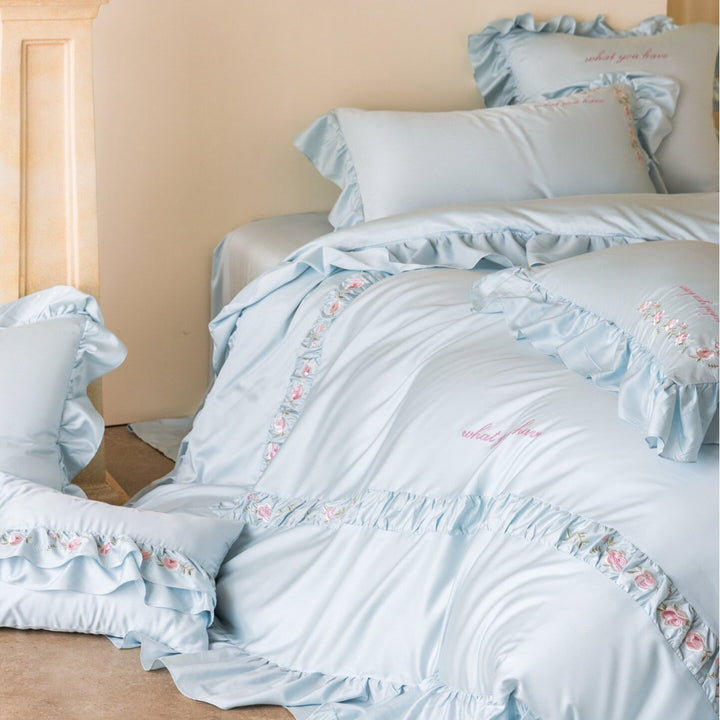 Frilled Embroidered Cotton Sateen Duvet Cover Set