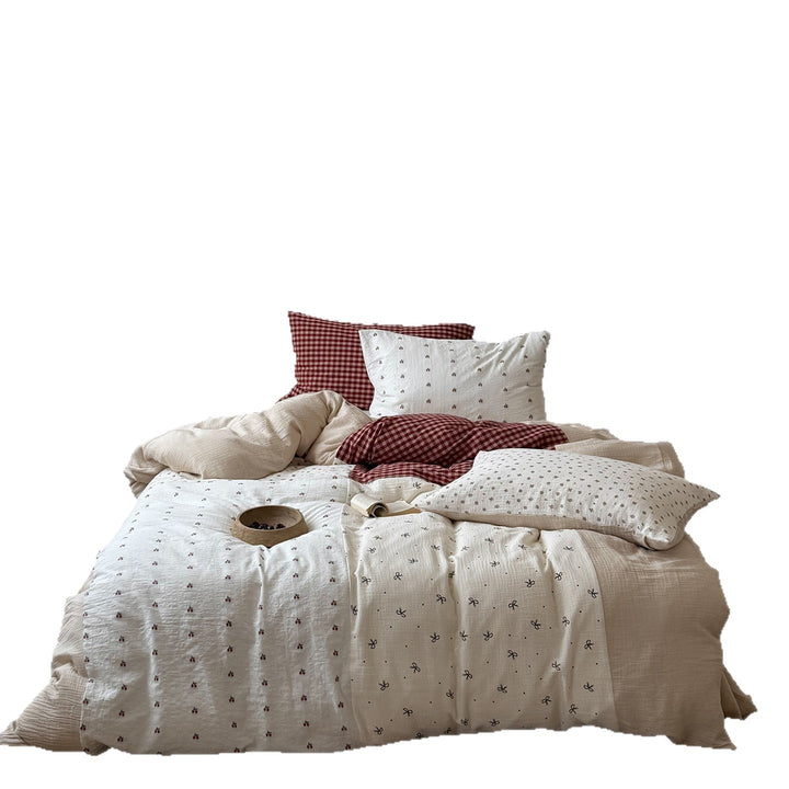 Reversible Cotton-Linen Duvet Cover Set with Mini Floral Embroidery & Gingham Accent