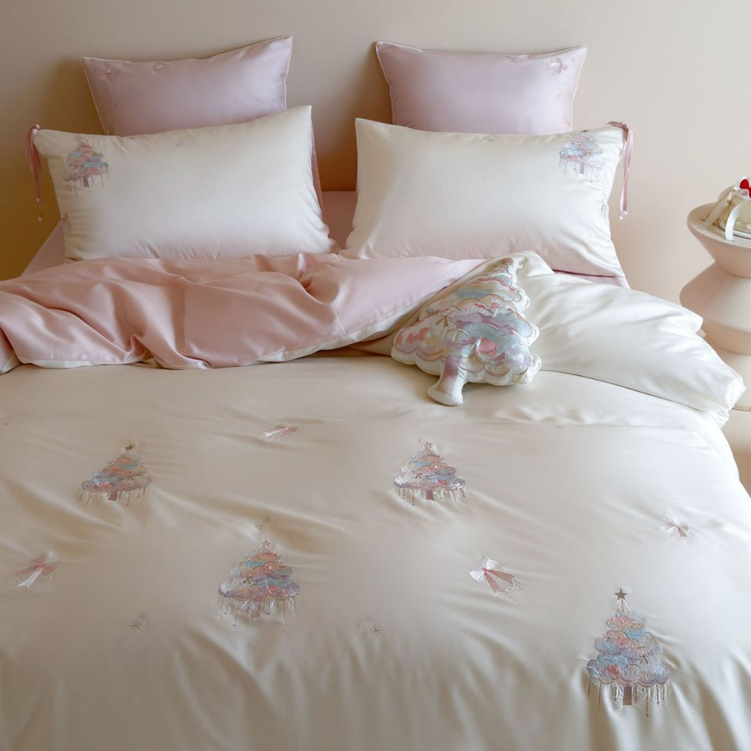 Embroidered Satin Duvet Cover Set with Reversible Sateen and Ribbon-Tie Pillow Shams
