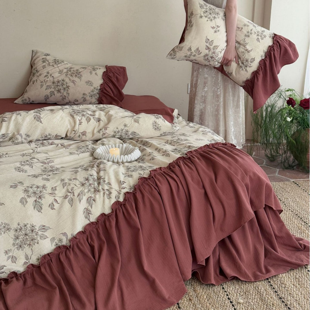 Reversible Floral Cotton-Linen Ruffled Duvet Cover Set with Gathered Bedskirt and Pillow Shams