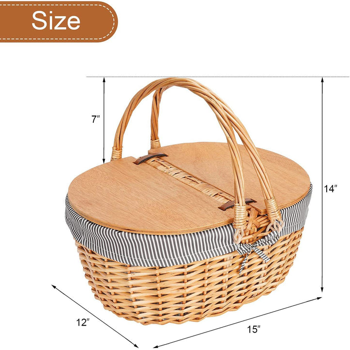 Women's picnic basket with wooden lid and striped lining Stornfield