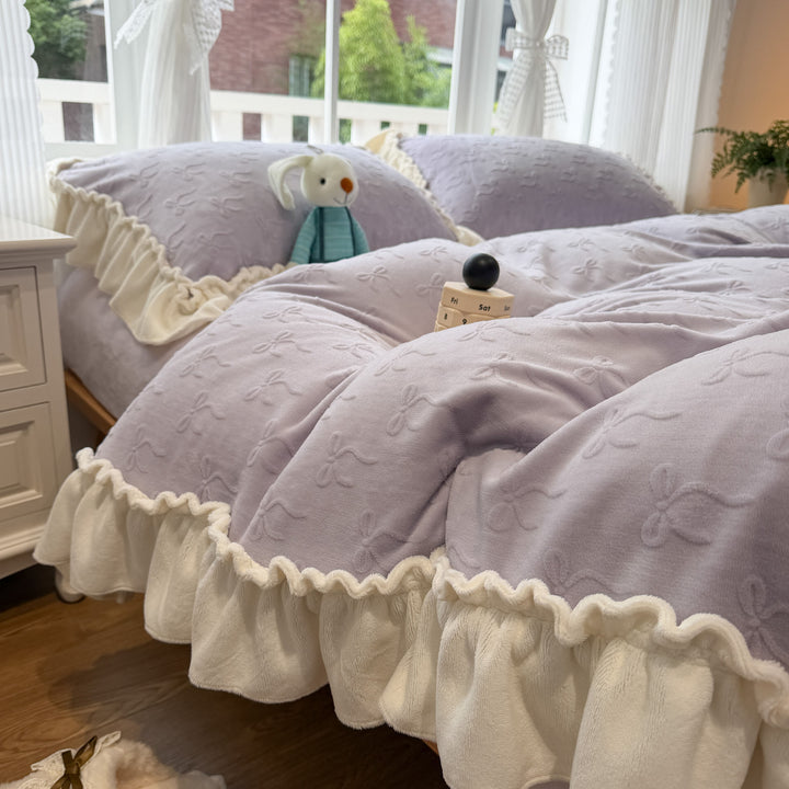 Embroidered Plush Quilted Duvet Comforter Set with Ruffled Skirt