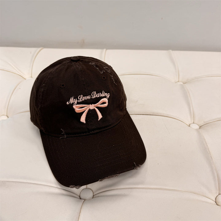 Women's Distressed Cotton Baseball Cap with Bow Embroidery Stornfield