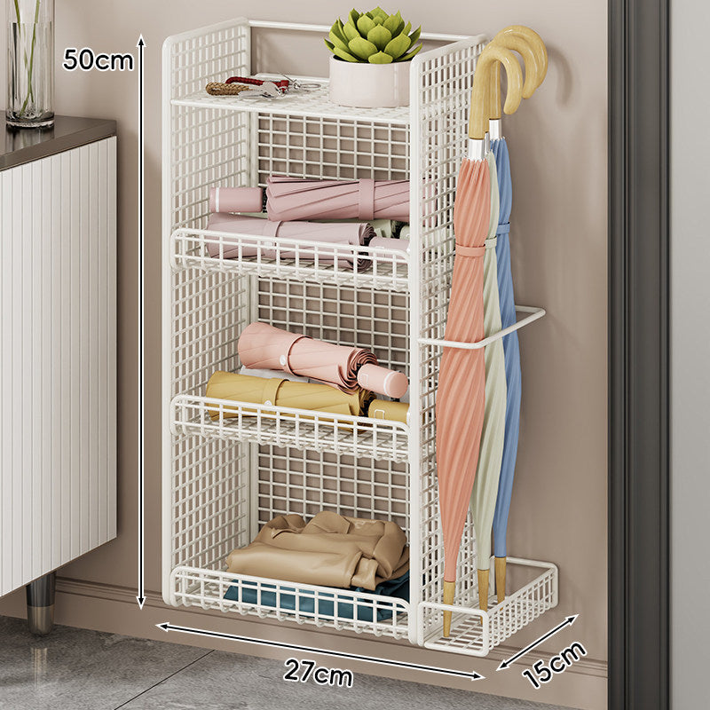 Wall-Mounted Mesh Entryway Organizer with Three-Tier Shelves and Side Umbrella Rack