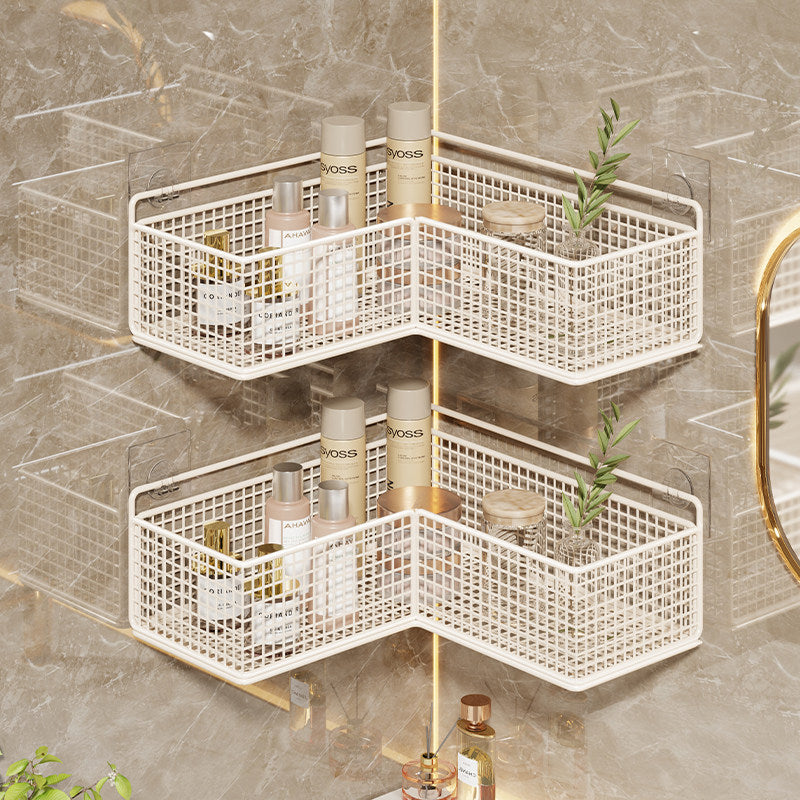 Corner Suction-Mounted Mesh Vanity Organizer with Dual Floating Baskets and Hook Rack
