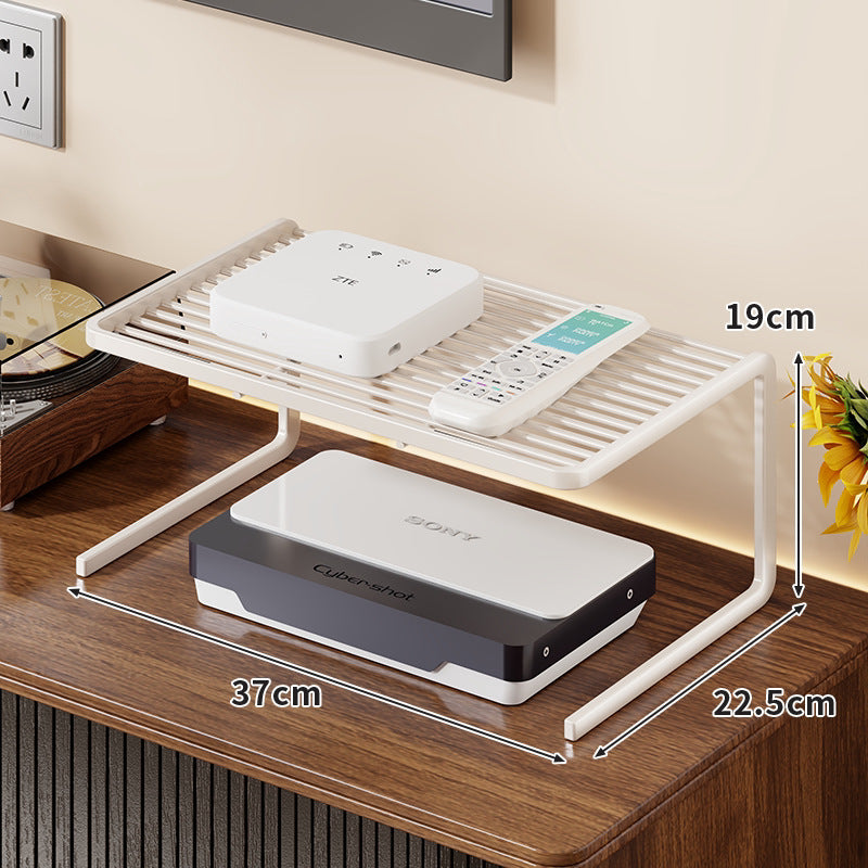 Two-Tier Ventilated Metal Electronics Organizer Shelf for Routers, Set-Top Boxes and Remotes