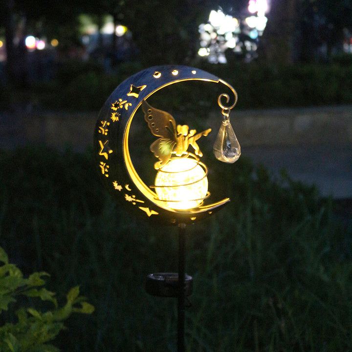 Decorative Crescent Moon Solar Garden Stake Lamp With Hanging Crystal Orb And Butterfly Stornfield