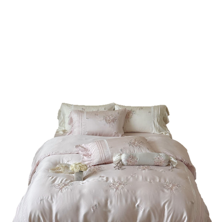 Fine glossy satin bedding set with embroidered rose bouquets and decorative pillow roll Stornfield