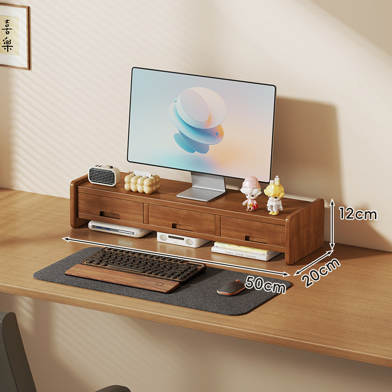 Solid Wood Monitor Riser and Desk Organizer with Dual-Level Shelf and Cable Management