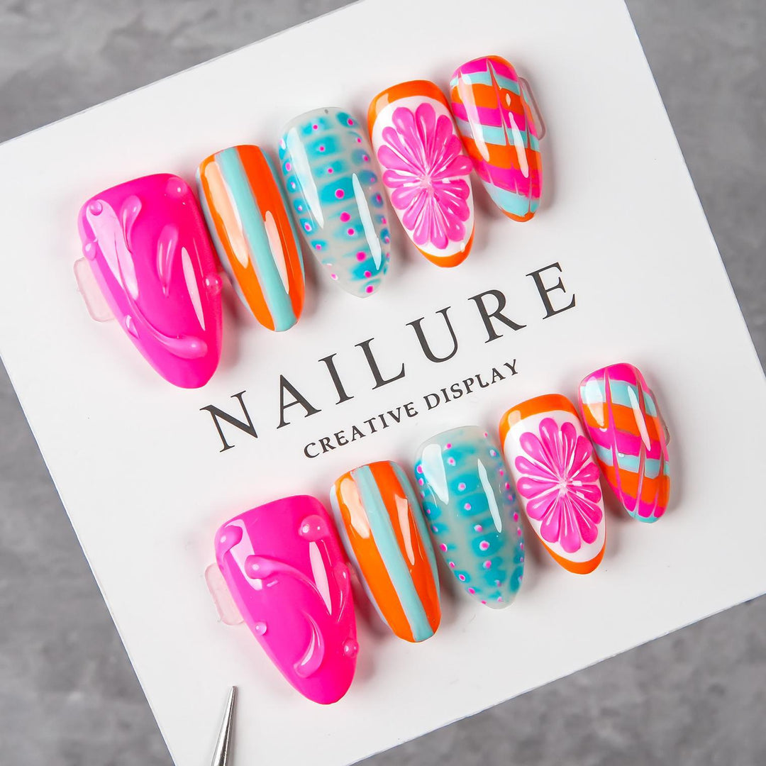 Artistic Press-On Nail Set with Vibrant Designs