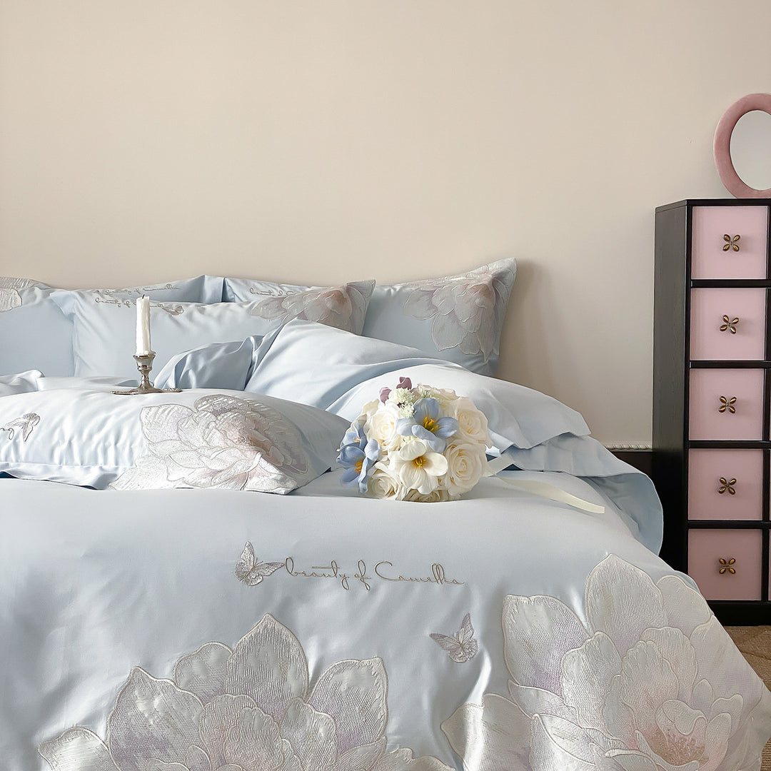 Satin-Feel Embroidered Floral Duvet Cover Set with Pillow Shams