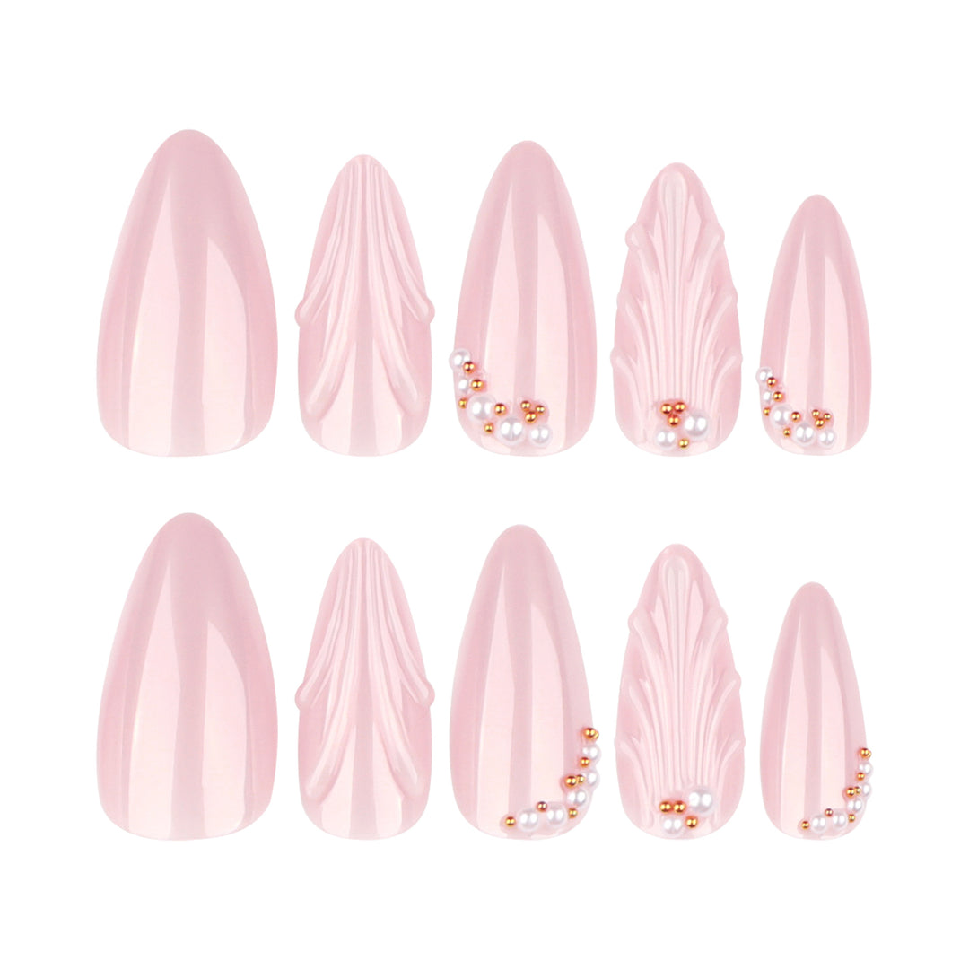 Elegant stiletto nails with shimmer design and pearl decorations Stornfield