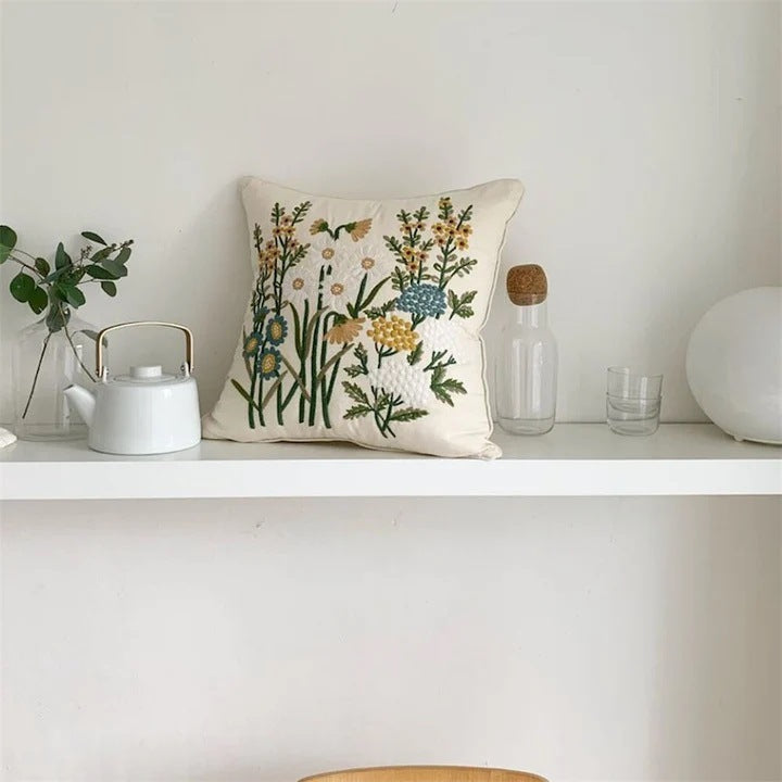 Square cushion cover with hand-embroidered wildflower relief, linen-cotton blend and concealed zipper Stornfield