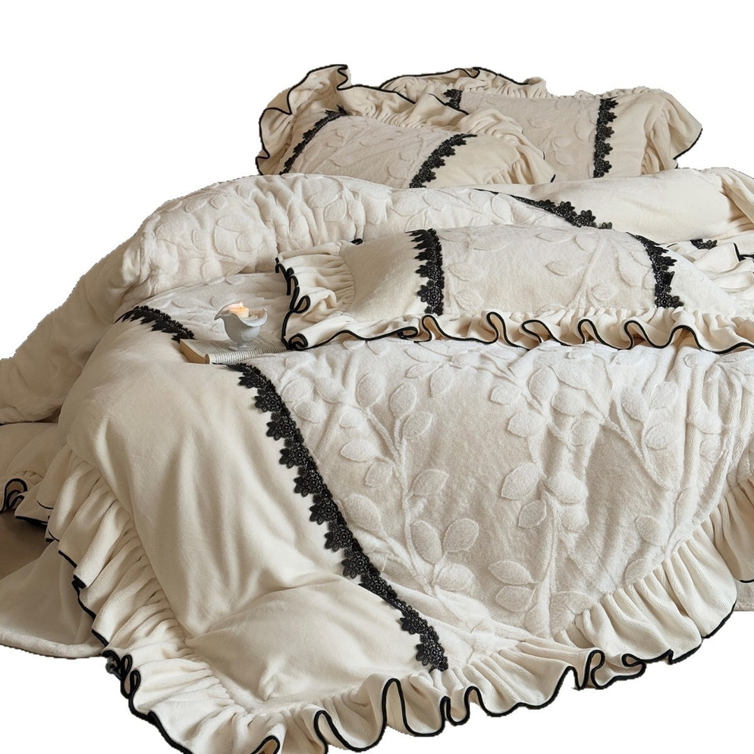 Ruffled Quilted Duvet Cover Set with Lace Trim and Scalloped Edge