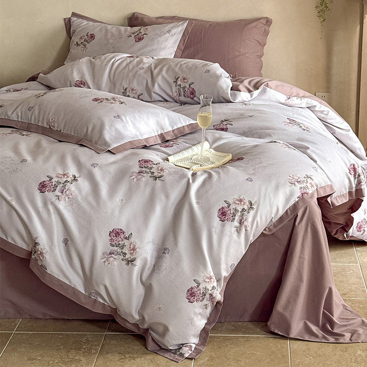 Romantic Cotton Sateen Reversible Duvet Cover Set with Scattered Rose Print and Piped Hem