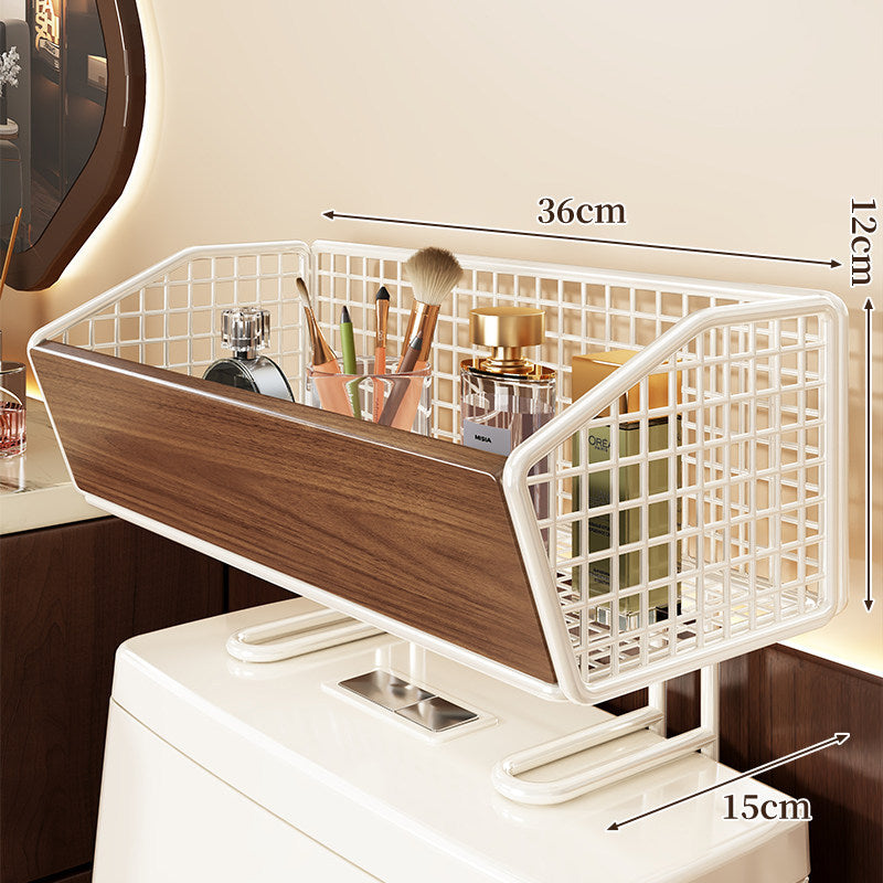 Over-Toilet Storage Basket with Wood-Front Grid and Raised Tank Stand