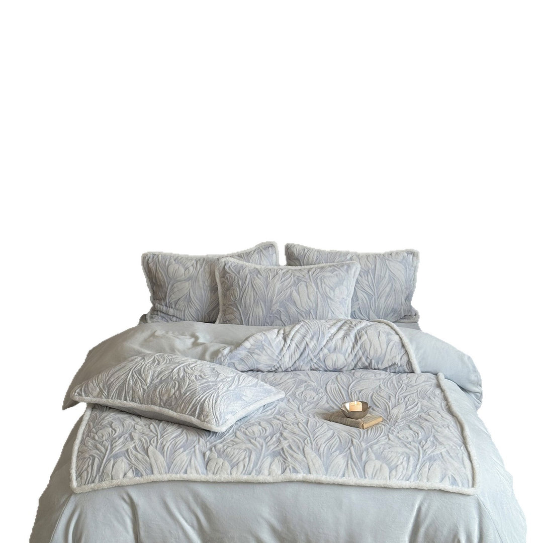Quilted Embossed Velvet Floral Bedspread Set with Faux-Sherpa Trim