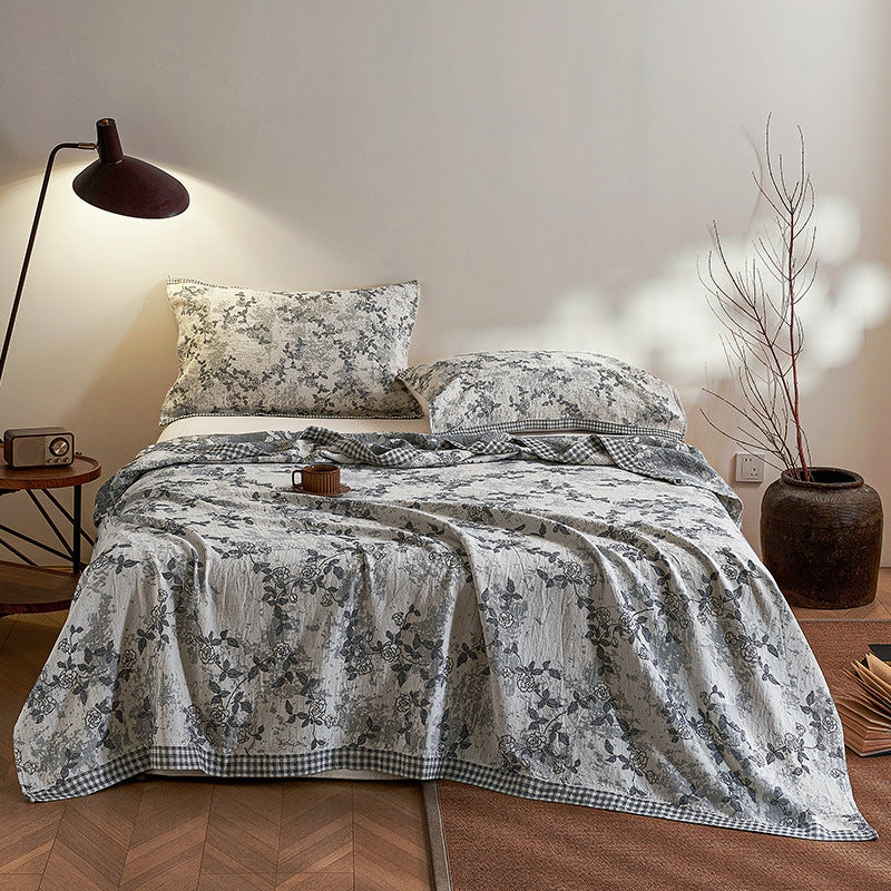 Reversible Cotton-Linen Floral Quilt Coverlet Set