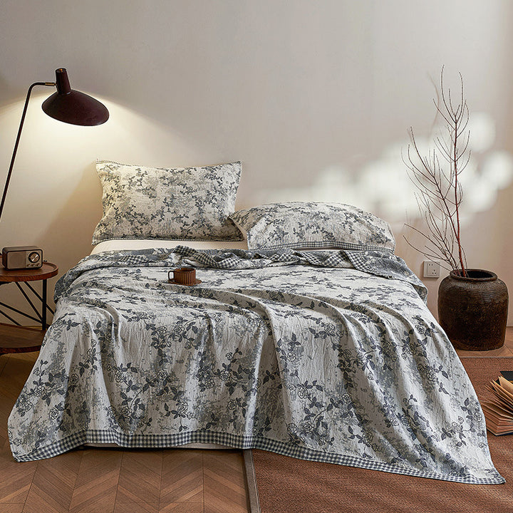 Reversible Cotton-Linen Floral Quilt Coverlet Set