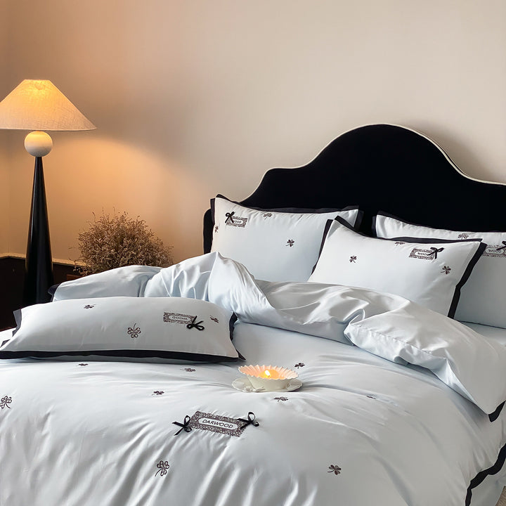 Embroidered Cotton Sateen Duvet Cover Set with Contrast Piped Edge and Ribbon Appliqué